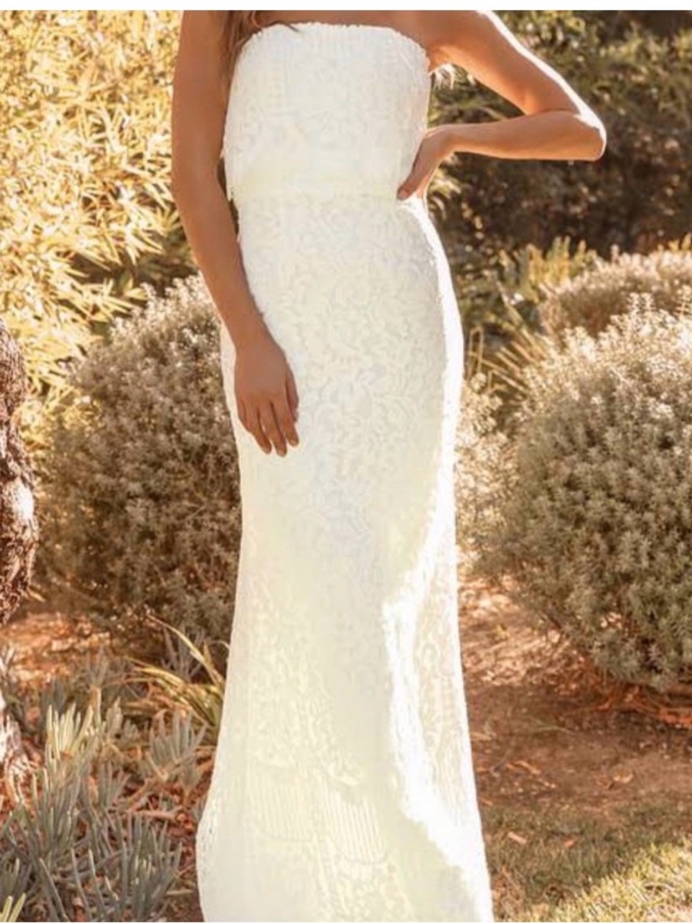 Lulu's Strapless White Lace Column Gown